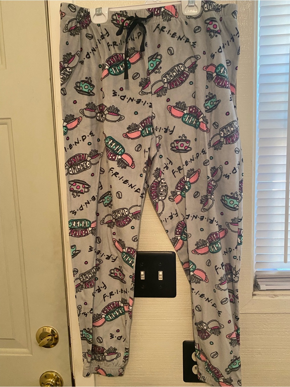 FRIENDS Grey Pajama Pants with Pink & Teal Graphic Print size large